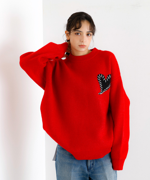 Reoページ Revo.レボ】ワンポイントハートステッチルーズニット/ユニ