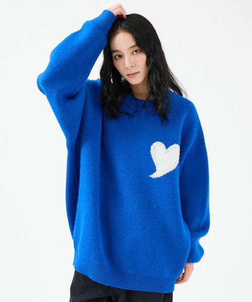 TXT公式　blue hour ブルアワ　ストライプニットセーター ハート刺繍 Revo.レボ】ワンポイントハートステッチルーズニット/ユニセックス/TH