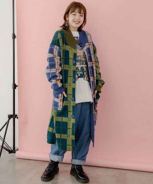 ScoLar（スカラー）の「143737：バイカラージャガード チェック柄ニットコート（その他アウター・レディース・パープル・M）」の4枚目の写真