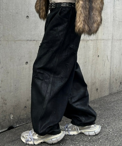 【Chikashitsu+】coating damage wide denim セール】【Chikashitsu +】coating damage wide denim pants