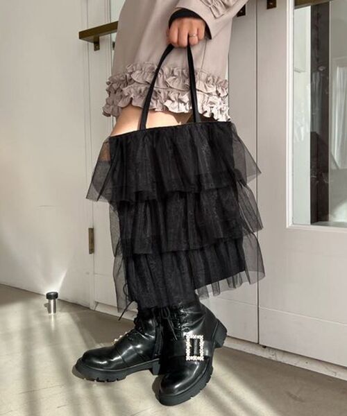 MAJESTIC LEGON（マジェスティックレゴン）の「チュールティアードトート（トートバッグ・レディース・アイボリー/ブラック/ライトグレー・FREE）」の8枚目の写真