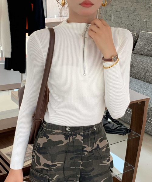 Per sist ence(パーシエンス)の「ハーフジップスリムリブニット(Tシャツ/カットソー・レディース・ブラック/ホワイト/レッド/グレー・FREE)」の6枚目の写真