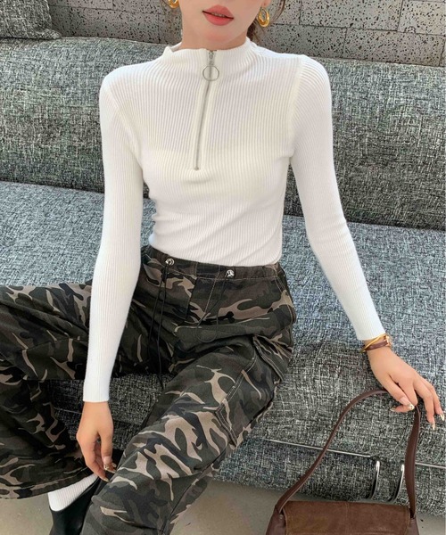 Per sist ence(パーシエンス)の「ハーフジップスリムリブニット(Tシャツ/カットソー・レディース・ブラック/ホワイト/レッド/グレー・FREE)」の13枚目の写真