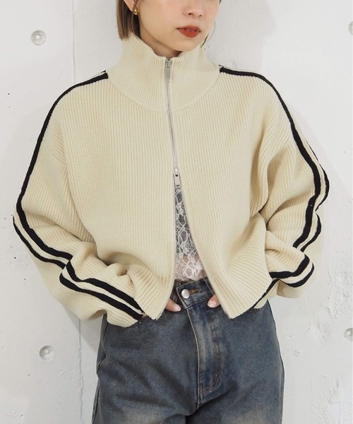 web限定アイテム】袖ライン畦編みジップブルゾン（ニット