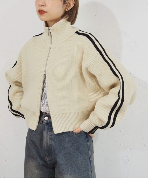 web限定アイテム】袖ライン畦編みジップブルゾン（ニット