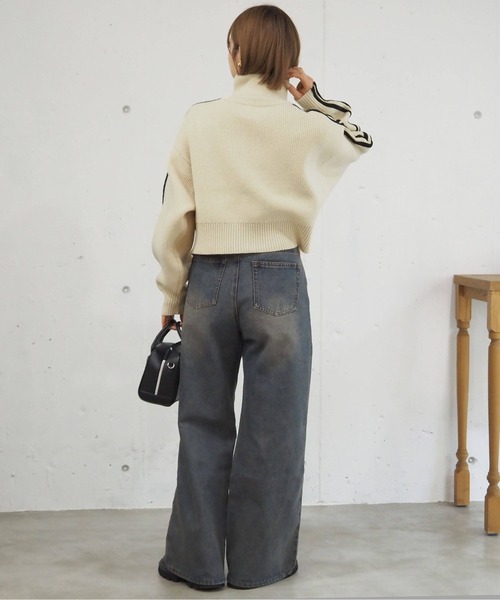 セール】【web限定アイテム】袖ライン畦編みジップブルゾン（ニット