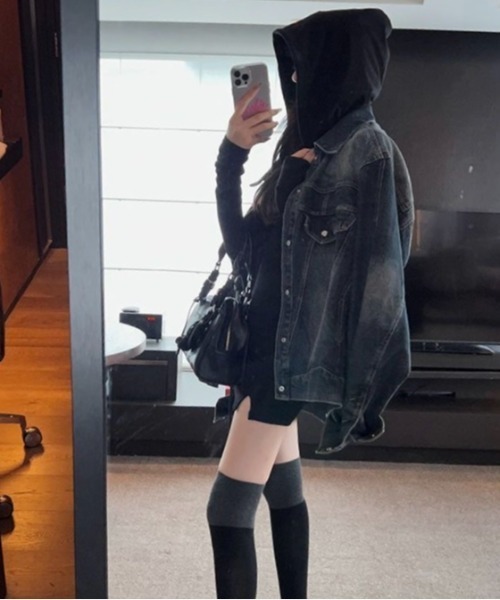 LADY LIKE(レディライク)の「フード付きもちもちカットミニワンピース(ワンピース・レディース・ブラック/グレー・M)」の8枚目の写真
