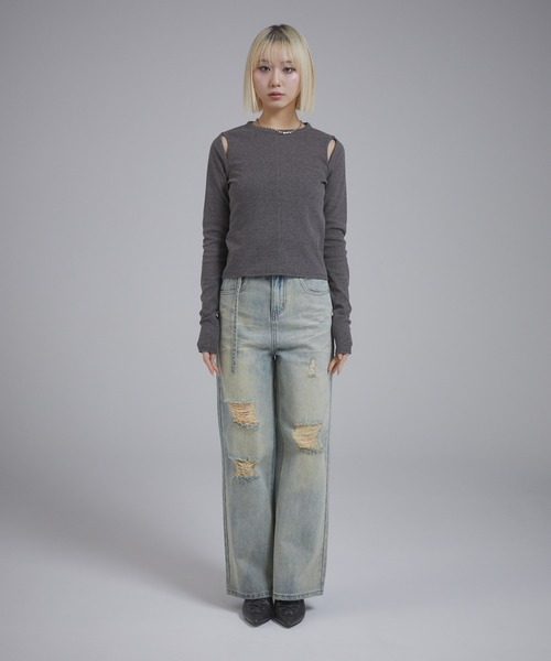 ENVYM(アンビー)の「カットアウトリブトップス(Tシャツ/カットソー・レディース・アイボリー/ブラック/グレー・FREE)」の21枚目の写真