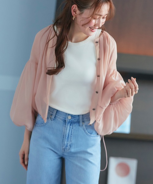 RUIRUE BOUTIQUE（ルイルエブティック）の「洗える ｜ シアー ボリューム ブルゾン ｜ レディース 長袖 おしゃれ きれいめ シアートップス シャツ ブラウス 羽織 アウター マウンテンパーカー スプリングコート（ブルゾン・レディース・ピンク/グレー/ブラック・L/M/S/LL）」の8枚目の写真