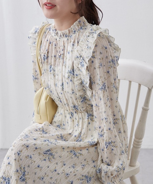 【 】花柄フリルミディ丈オケージョンワンピース 新色追加・洗える】花柄フリルドレープワンピース / Tiaclasse L