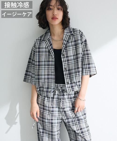 Green　Parks（グリーンパークス）の「綿麻混裾ドロスト開襟シャツジャケット（シャツ/ブラウス・レディース・ブラック/杢グレー/チェック/ライトベージュ・FREE）」の5枚目の写真