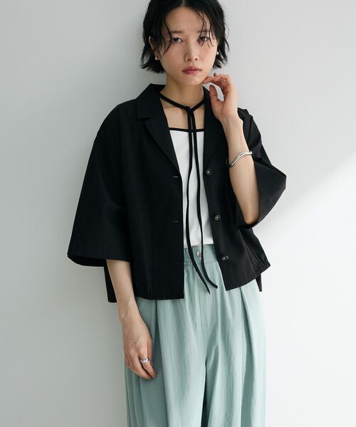 Green　Parks（グリーンパークス）の「綿麻混裾ドロスト開襟シャツジャケット（シャツ/ブラウス・レディース・ブラック/杢グレー/チェック/ライトベージュ・FREE）」の14枚目の写真