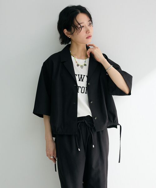 Green　Parks（グリーンパークス）の「綿麻混裾ドロスト開襟シャツジャケット（シャツ/ブラウス・レディース・ブラック/杢グレー/チェック/ライトベージュ・FREE）」の17枚目の写真