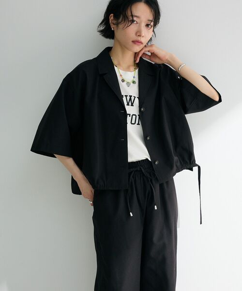 Green　Parks（グリーンパークス）の「綿麻混裾ドロスト開襟シャツジャケット（シャツ/ブラウス・レディース・ブラック/杢グレー/チェック/ライトベージュ・FREE）」の18枚目の写真