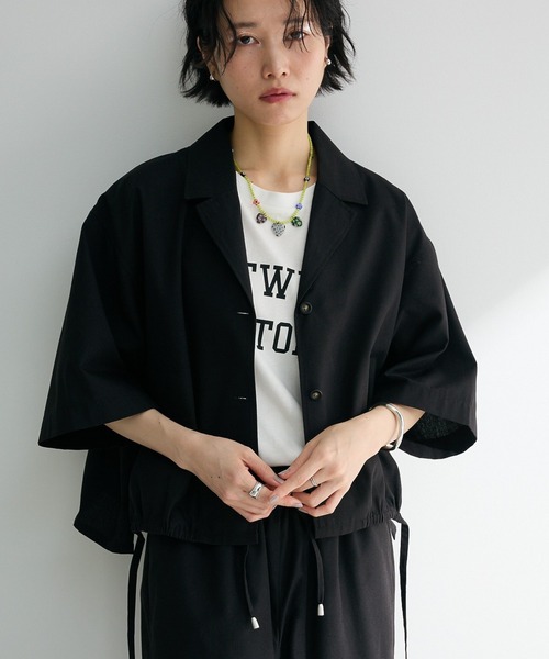 Green　Parks（グリーンパークス）の「綿麻混裾ドロスト開襟シャツジャケット（シャツ/ブラウス・レディース・ブラック/杢グレー/チェック/ライトベージュ・FREE）」の2枚目の写真