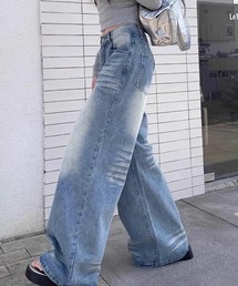 ウォッシュ加工デニムパンツ ワイドデニム