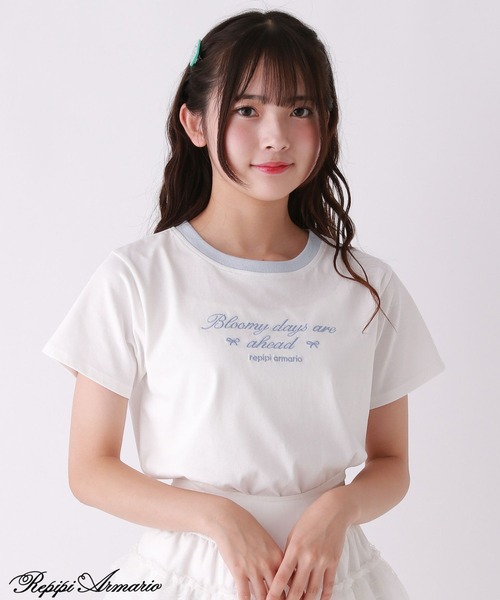 repipi armario（レピピ アルマリオ）の「【girly line】BloomyリンガーTシャツ【接触冷感】（Tシャツ/カットソー・キッズ・ホワイト×ブルー/ホワイト×グリーン/ホワイト×ブラック/ピンク・LARGE/MEDIUM/SMALL）」の2枚目の写真