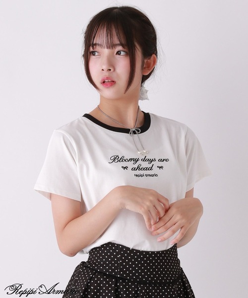 repipi armario（レピピ アルマリオ）の「【girly line】BloomyリンガーTシャツ【接触冷感】（Tシャツ/カットソー・キッズ・ホワイト×ブルー/ホワイト×グリーン/ホワイト×ブラック/ピンク・LARGE/MEDIUM/SMALL）」の3枚目の写真