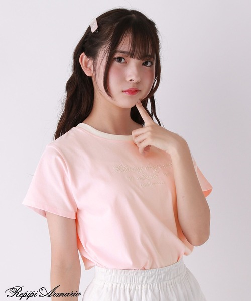 repipi armario（レピピ アルマリオ）の「【girly line】BloomyリンガーTシャツ【接触冷感】（Tシャツ/カットソー・キッズ・ホワイト×ブルー/ホワイト×グリーン/ホワイト×ブラック/ピンク・LARGE/MEDIUM/SMALL）」の4枚目の写真