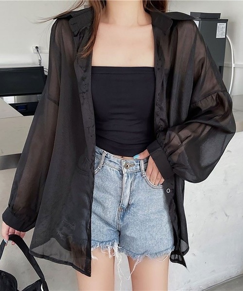 NinaetLina(ニナエリナ)の「冷房対策 シアー 長袖 シャツ ブラウス(シャツ/ブラウス・レディース・ブラック/ホワイト・FREE)」の2枚目の写真