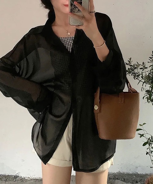 NinaetLina(ニナエリナ)の「冷房対策 シアー 長袖 シャツ ブラウス(シャツ/ブラウス・レディース・ブラック/ホワイト・FREE)」の7枚目の写真