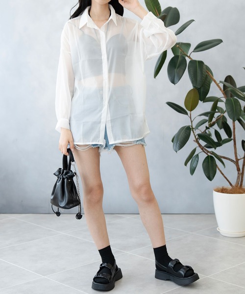 NinaetLina(ニナエリナ)の「冷房対策 シアー 長袖 シャツ ブラウス(シャツ/ブラウス・レディース・ブラック/ホワイト・FREE)」の20枚目の写真