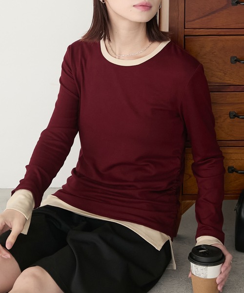 BONLECILL(ボンルシール)の「もちもちレイヤード風配色サイドシャーリングロンT(Tシャツ/カットソー・レディース・ブラック/チャコールグレー/オフホワイト/ネイビー/モスグリーン/レッド・FREE)」の6枚目の写真