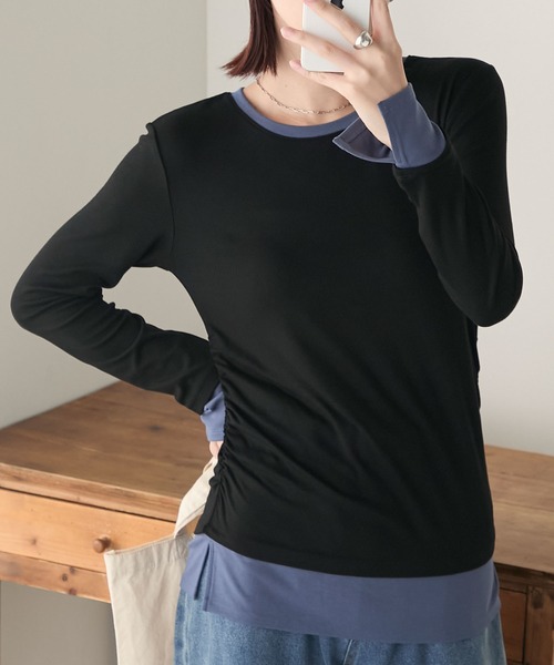 BONLECILL(ボンルシール)の「もちもちレイヤード風配色サイドシャーリングロンT(Tシャツ/カットソー・レディース・ブラック/チャコールグレー/オフホワイト/ネイビー/モスグリーン/レッド・FREE)」の3枚目の写真