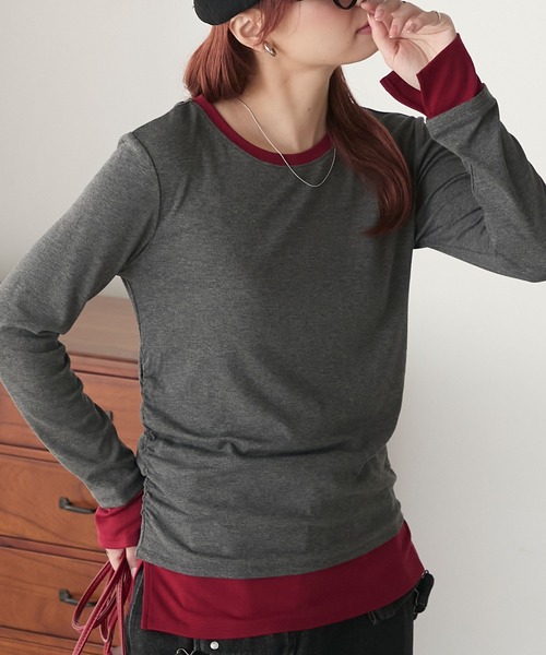 BONLECILL(ボンルシール)の「もちもちレイヤード風配色サイドシャーリングロンT(Tシャツ/カットソー・レディース・ブラック/チャコールグレー/オフホワイト/ネイビー/モスグリーン/レッド・FREE)」の13枚目の写真