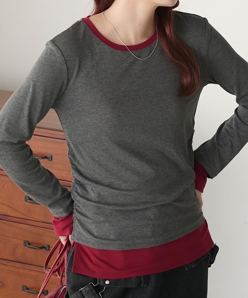 BONLECILL(ボンルシール)の「もちもちレイヤード風配色サイドシャーリングロンT(Tシャツ/カットソー・レディース・ブラック/チャコールグレー/オフホワイト/ネイビー/モスグリーン/レッド・FREE)」の19枚目の写真