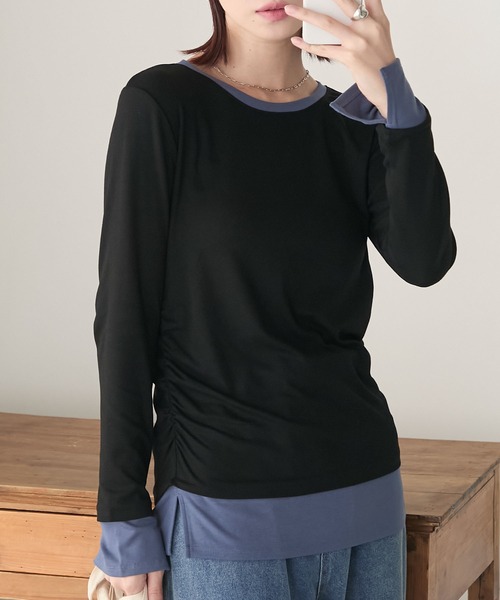 BONLECILL(ボンルシール)の「もちもちレイヤード風配色サイドシャーリングロンT(Tシャツ/カットソー・レディース・ブラック/チャコールグレー/オフホワイト/ネイビー/モスグリーン/レッド・FREE)」の12枚目の写真