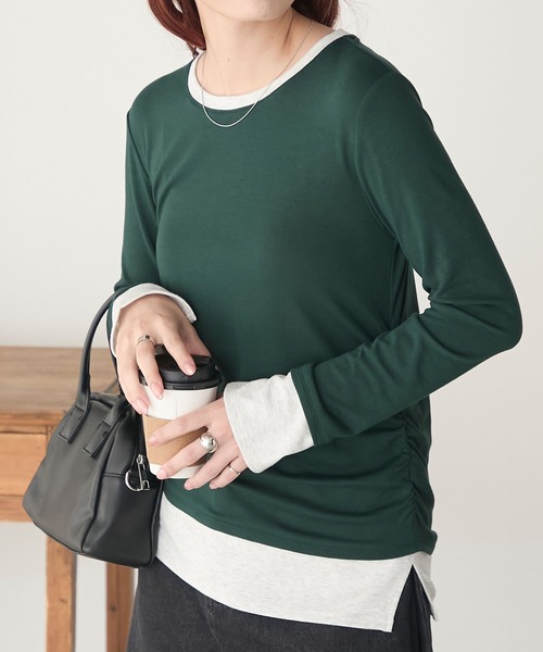 BONLECILL(ボンルシール)の「もちもちレイヤード風配色サイドシャーリングロンT(Tシャツ/カットソー・レディース・ブラック/チャコールグレー/オフホワイト/ネイビー/モスグリーン/レッド・FREE)」の21枚目の写真
