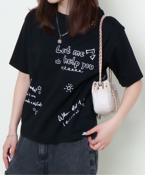 GORGE（ゴージ）の「《手描き風ロゴ×ゆるシルエット》レディース プリントTシャツ ランダム英字 半袖 オフホワイト ブラック 春夏秋（Tシャツ/カットソー・レディース・ブラック/オフホワイト・F）」の2枚目の写真