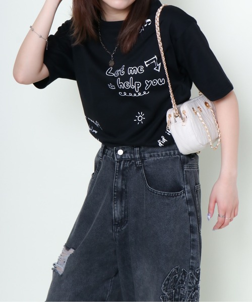 GORGE（ゴージ）の「《手描き風ロゴ×ゆるシルエット》レディース プリントTシャツ ランダム英字 半袖 オフホワイト ブラック 春夏秋（Tシャツ/カットソー・レディース・ブラック/オフホワイト・F）」の6枚目の写真