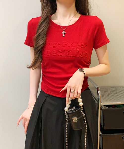 Girly Doll(ガーリードール)の「サイドギャザー立体ロゴデザインTシャツ(Tシャツ/カットソー・レディース・ブラック/ボルドー/ホワイト/ベージュ・M/L)」の20枚目の写真