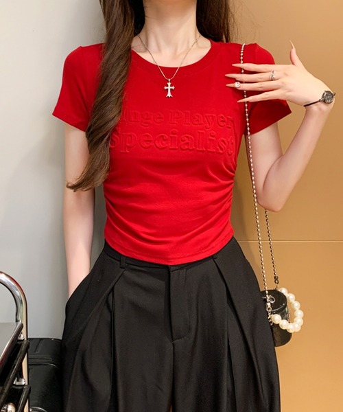 Girly Doll(ガーリードール)の「サイドギャザー立体ロゴデザインTシャツ(Tシャツ/カットソー・レディース・ブラック/ボルドー/ホワイト/ベージュ・M/L)」の21枚目の写真