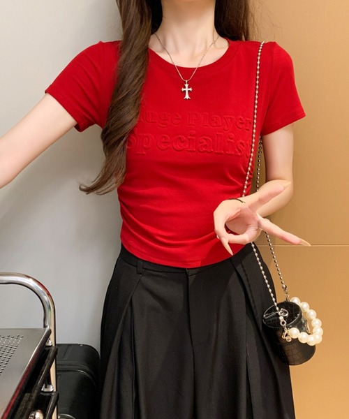 Girly Doll(ガーリードール)の「サイドギャザー立体ロゴデザインTシャツ(Tシャツ/カットソー・レディース・ブラック/ボルドー/ホワイト/ベージュ・M/L)」の10枚目の写真