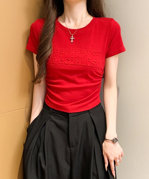 Girly Doll(ガーリードール)の「サイドギャザー立体ロゴデザインTシャツ(Tシャツ/カットソー・レディース・ブラック/ボルドー/ホワイト/ベージュ・M/L)」の11枚目の写真