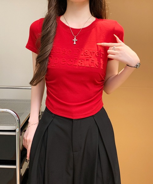 Girly Doll(ガーリードール)の「サイドギャザー立体ロゴデザインTシャツ(Tシャツ/カットソー・レディース・ブラック/ボルドー/ホワイト/ベージュ・M/L)」の12枚目の写真