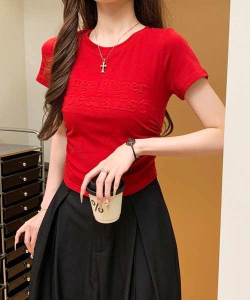 Girly Doll(ガーリードール)の「サイドギャザー立体ロゴデザインTシャツ(Tシャツ/カットソー・レディース・ブラック/ボルドー/ホワイト/ベージュ・M/L)」の13枚目の写真