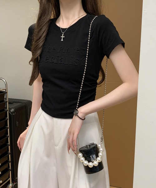 Girly Doll(ガーリードール)の「サイドギャザー立体ロゴデザインTシャツ(Tシャツ/カットソー・レディース・ブラック/ボルドー/ホワイト/ベージュ・M/L)」の16枚目の写真