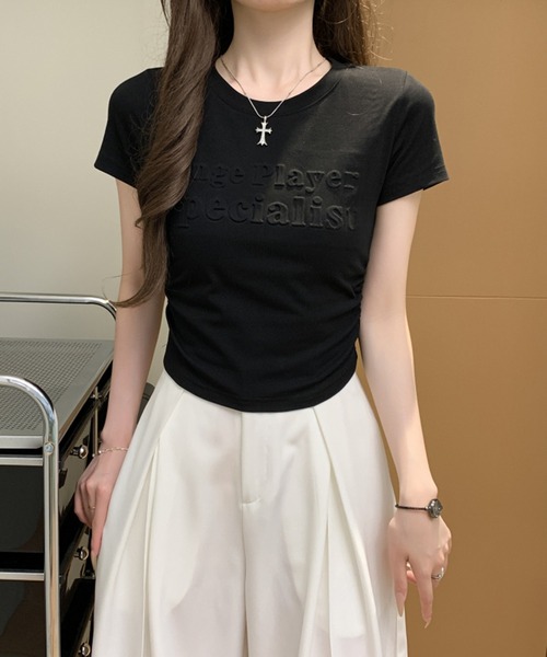 Girly Doll(ガーリードール)の「サイドギャザー立体ロゴデザインTシャツ(Tシャツ/カットソー・レディース・ブラック/ボルドー/ホワイト/ベージュ・M/L)」の17枚目の写真