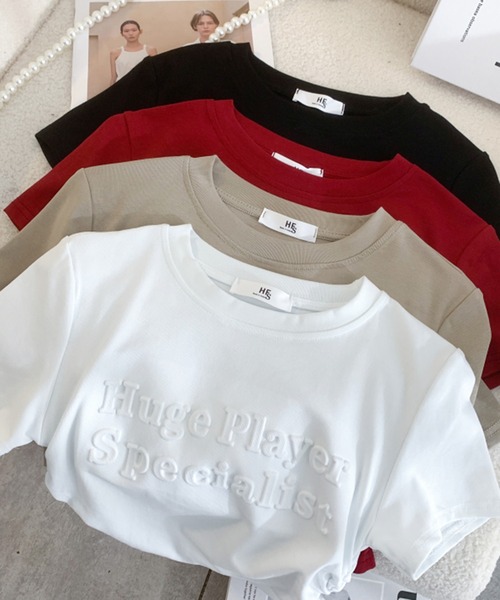 Girly Doll(ガーリードール)の「サイドギャザー立体ロゴデザインTシャツ(Tシャツ/カットソー・レディース・ブラック/ボルドー/ホワイト/ベージュ・M/L)」の15枚目の写真