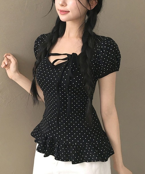gossip!ロサンゼルス(ゴシップロサンゼルス)の「リボンストラップ 裾フリルパフスリーブトップス(Tシャツ/カットソー・レディース・ホワイト/グレー/ブラック・FREE)」の9枚目の写真