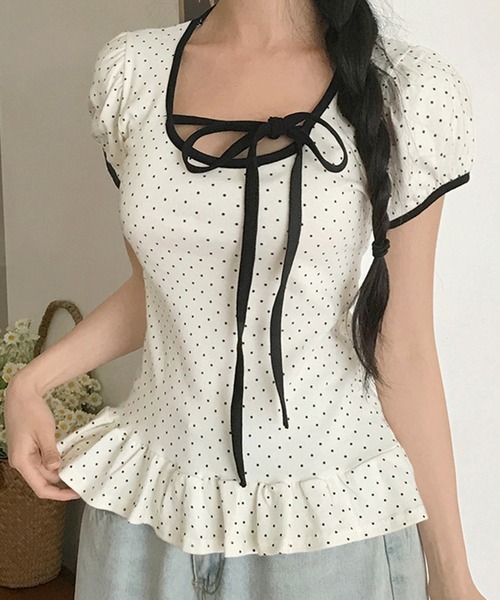 gossip!ロサンゼルス(ゴシップロサンゼルス)の「リボンストラップ 裾フリルパフスリーブトップス(Tシャツ/カットソー・レディース・ホワイト/グレー/ブラック・FREE)」の18枚目の写真