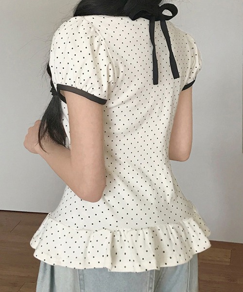 gossip!ロサンゼルス(ゴシップロサンゼルス)の「リボンストラップ 裾フリルパフスリーブトップス(Tシャツ/カットソー・レディース・ホワイト/グレー/ブラック・FREE)」の14枚目の写真