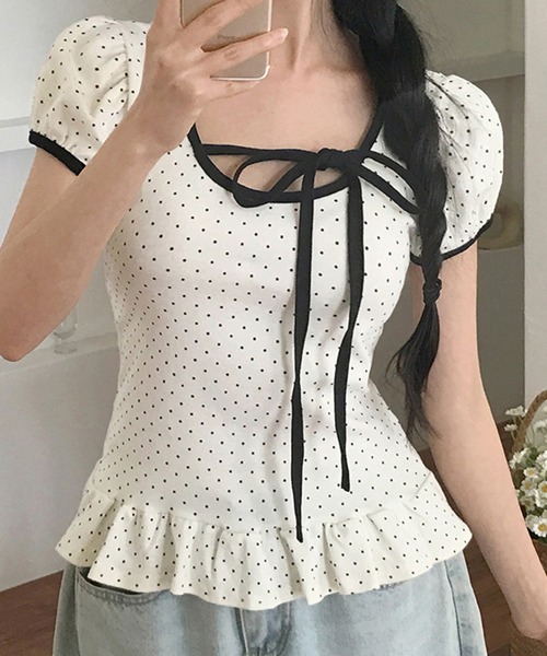 gossip!ロサンゼルス(ゴシップロサンゼルス)の「リボンストラップ 裾フリルパフスリーブトップス(Tシャツ/カットソー・レディース・ホワイト/グレー/ブラック・FREE)」の16枚目の写真