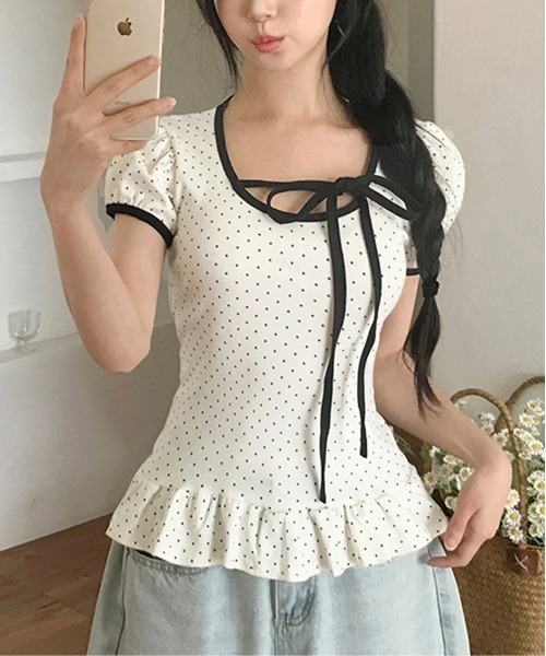 gossip!ロサンゼルス(ゴシップロサンゼルス)の「リボンストラップ 裾フリルパフスリーブトップス(Tシャツ/カットソー・レディース・ホワイト/グレー/ブラック・FREE)」の17枚目の写真
