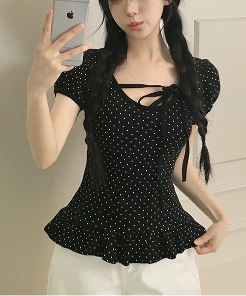 gossip!ロサンゼルス(ゴシップロサンゼルス)の「リボンストラップ 裾フリルパフスリーブトップス(Tシャツ/カットソー・レディース・ホワイト/グレー/ブラック・FREE)」の12枚目の写真