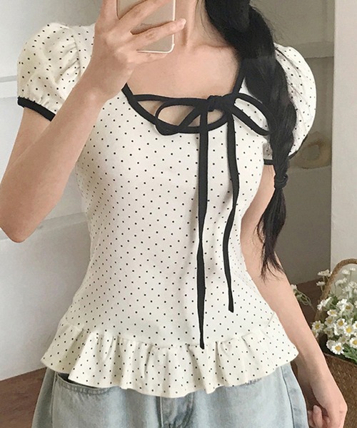 gossip!ロサンゼルス(ゴシップロサンゼルス)の「リボンストラップ 裾フリルパフスリーブトップス(Tシャツ/カットソー・レディース・ホワイト/グレー/ブラック・FREE)」の15枚目の写真